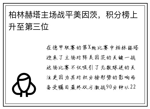 柏林赫塔主场战平美因茨，积分榜上升至第三位